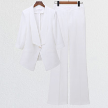 七分袖通勤西装套装女夏秋新款时尚修身白色西服微喇阔腿裤两件套