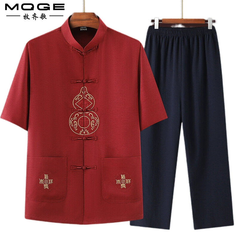 Среднего и пожилого возраста костюм отца мужского пола китайский стиль хлопчатобумажная льняная ткань летнее лето мужчины пожилой тыква с короткими рукавами повседневный набор