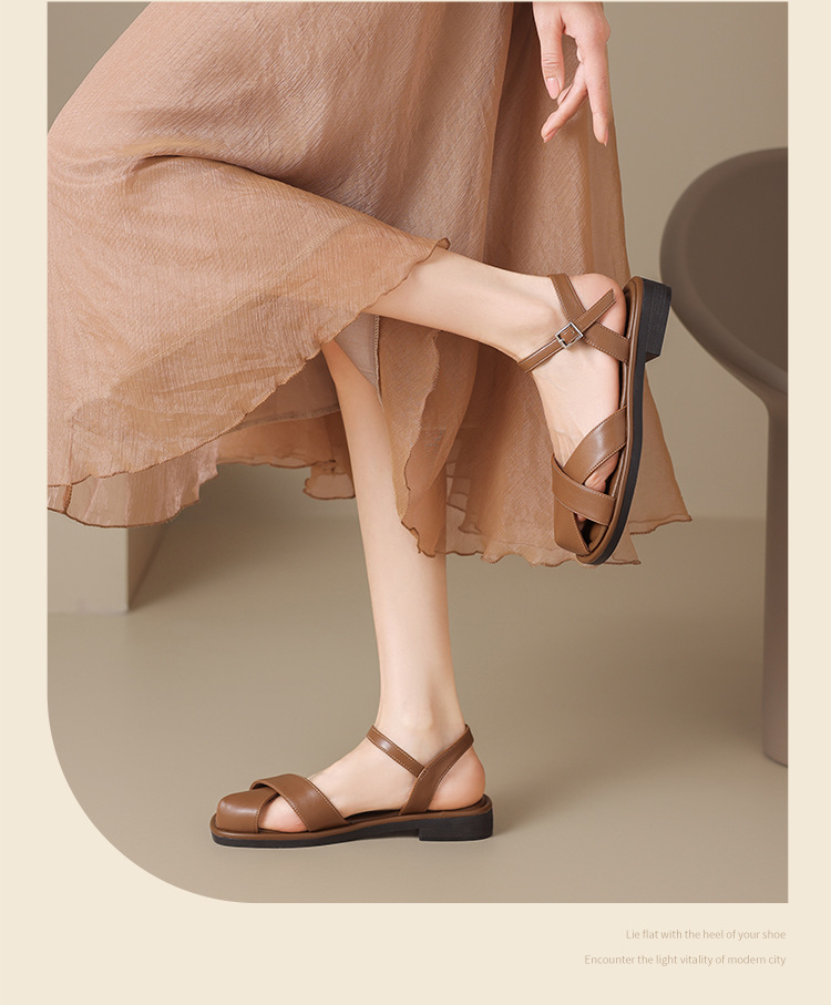 Sandal nữ quai ngang kiểu La Mã phong cách Pháp, mũi hở bán bít, đế bằng thoáng khí — KN38 màu be chi tiết 19