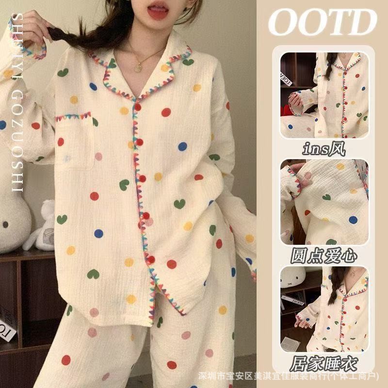 [長袖ズボン] 外国貿易insクロスボーダー韓国版パジャマ女性カーディガン甘美シンプル日系春秋代発