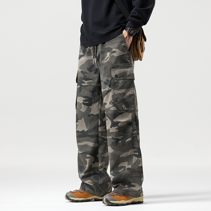 Retro Camouflage Paratrooper Cargo Pants for Men, American Style Trendy High Street Straight Casual Pants, Loose Stylish Wide-Leg Jeans