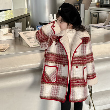 女童毛呢外套中长款秋冬款加厚加绒2024新款中大儿童格子呢子大衣