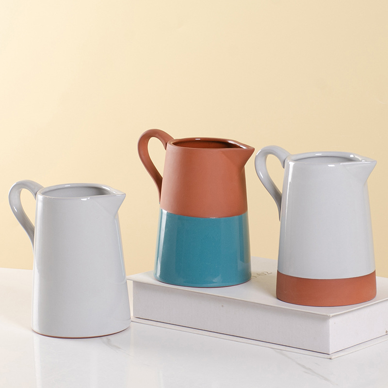 红土工厂陶瓷水壶带手柄红色黏土牛奶壶冷饮外贸跨境亚马逊
