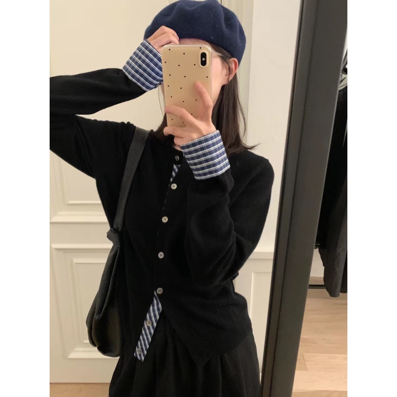 假两件miu系叠穿针织衫女秋冬灰色毛衣开衫外套拼接格子内搭上衣|undefined