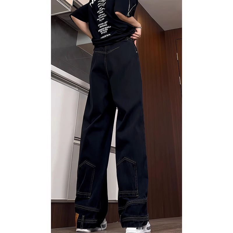 男性用アンダーワンウェイフリルジーンズ 190cm背の高い男性用エクストラロングパンツ アメリカンハイストリートバイブストレートジーンズ|undefined