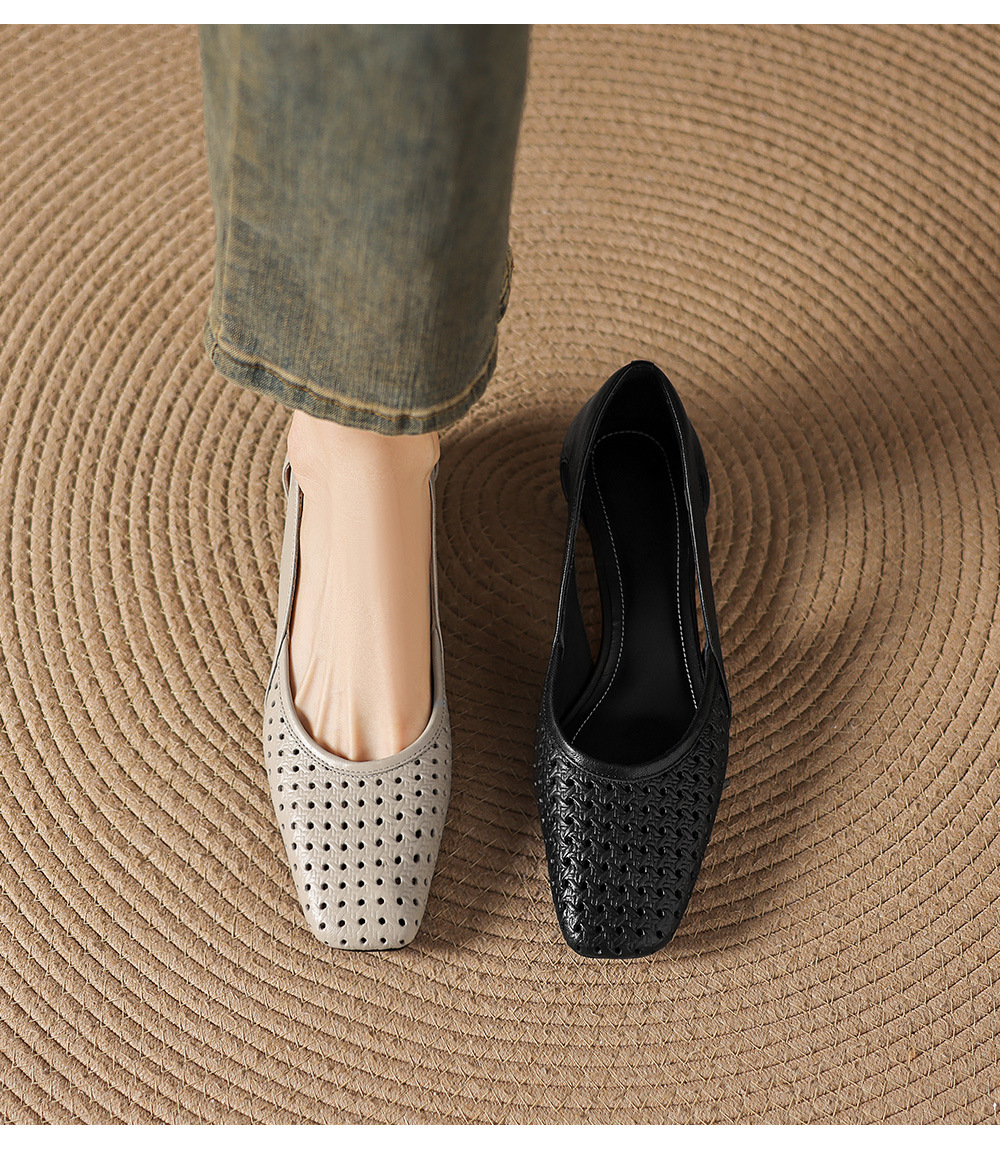 Giày sandal nữ mũi vuông gót thấp 3,5 cm da cừu đục lỗ hở mũi — đen chi tiết 2