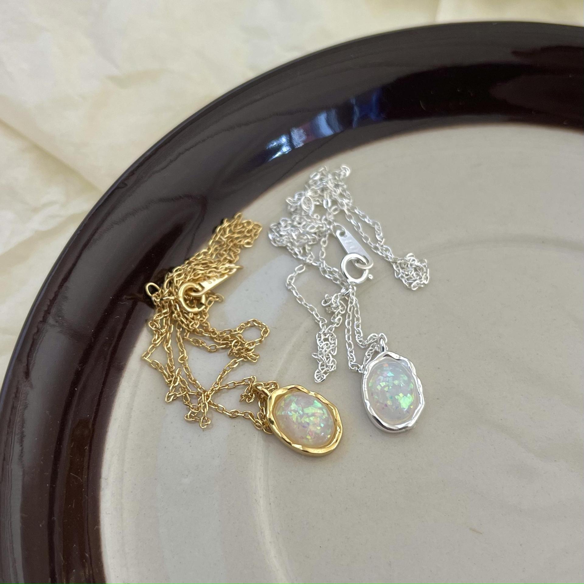 Pendant Necklace Classification 925 Sterling Silver Opal Stone Inlay Oval Pendant Necklace