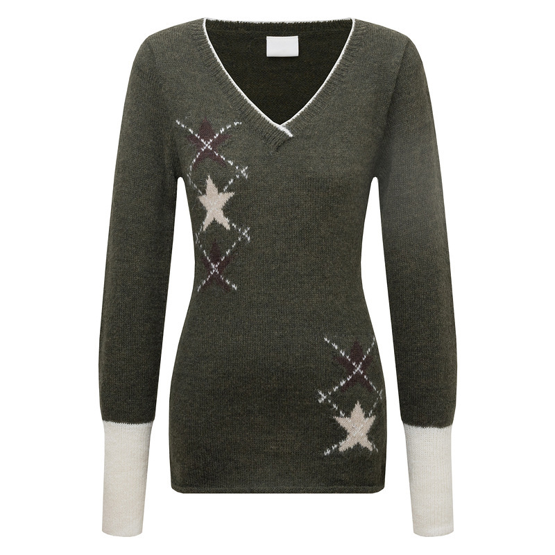 Dark green V-neck star jacquard knit sweater with contrasting white cuffs, slim fit, vintage long-sleeve pullover for women Dark green V-neck star jacquard knit sweater with contrasting white cuffs, slim fit, vintage long-sleeve pullover for women