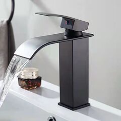 Flat Mouth Waterfall Faucet, Stainless Steel Countertop Basin, Undermount Basin Faucet, Black Bathroom Cold and Hot Water Faucet