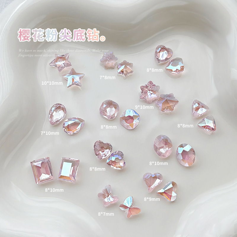 Nail art cherry blossom pink pointed diamond Aurora magic color semi-transparent multi-cut fat square shiny nail jewelry diamond wholesale