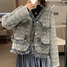 法式小香风水貂绒外套女秋冬新款设计感流苏短款长袖上衣腈纶印花