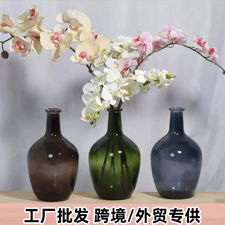 跨境北欧简约大肚玻璃花瓶日本吊钟马醉木插花水培落地透明大装饰