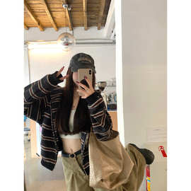 原版色织条 韩版撞色条纹连帽卫衣女宽松休闲气质开衫外套潮