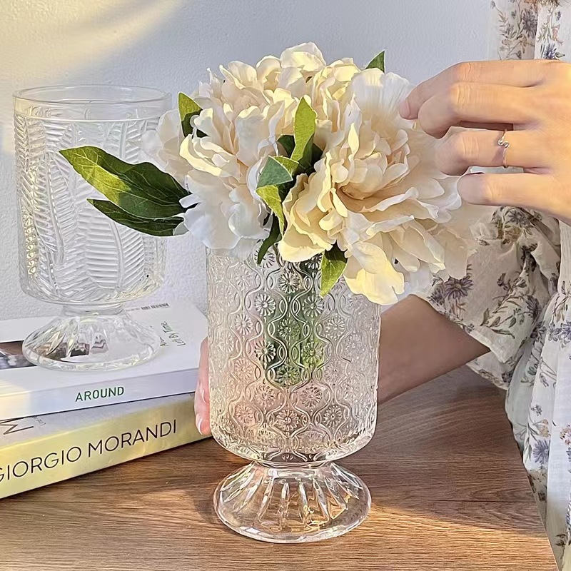 French Vintage ins Style Embossed High-legged Glass Vase Flower Simulation Flower Living Room Desktop Flower Arrange Decorative Ornaments