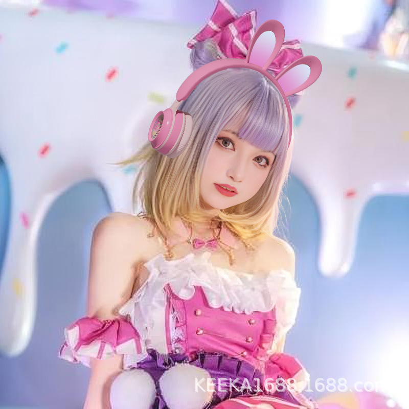 Amor caliente transfronterizo LED auricular inalámbrico luminoso con largas orejas de conejo de trigo auriculares Bluetooth para niñas de voz