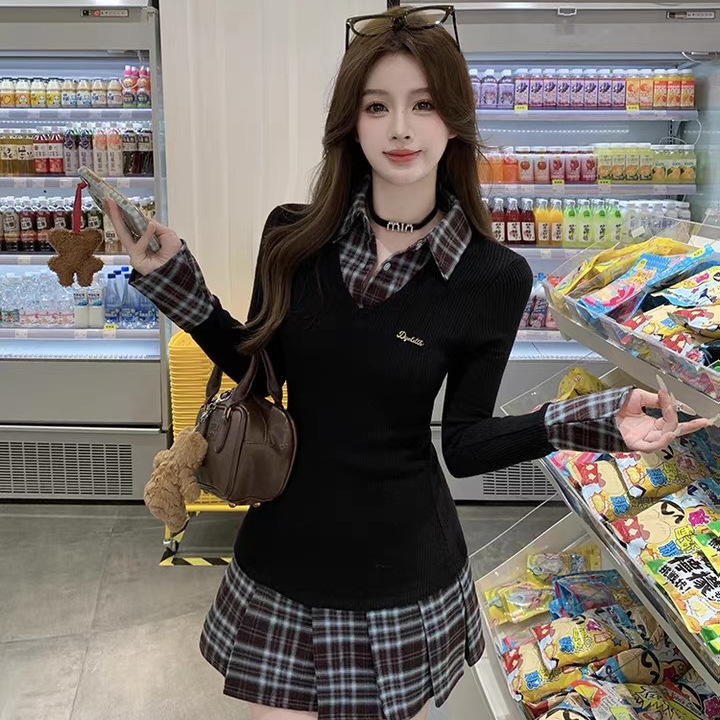 Miu Preppy Style Dress Women's Early Autumn 2025 New Small Knitted Waist Pleated A-Line Skirt Miu Preppy Style Dress Women's Early Autumn 2025 New Small Knitted Waist Pleated A-Line Skirt