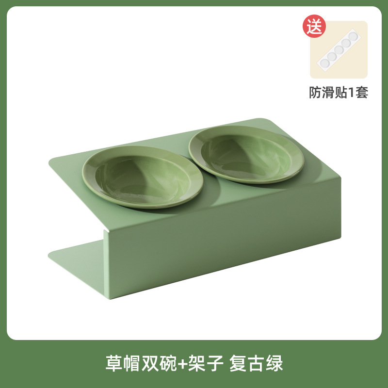 Cerámica oblicua doble tazón platillo volante sombrero de paja para mascotas gato tazón alto pie cervical soporte antidetonante comida para beber gato y perro tazón