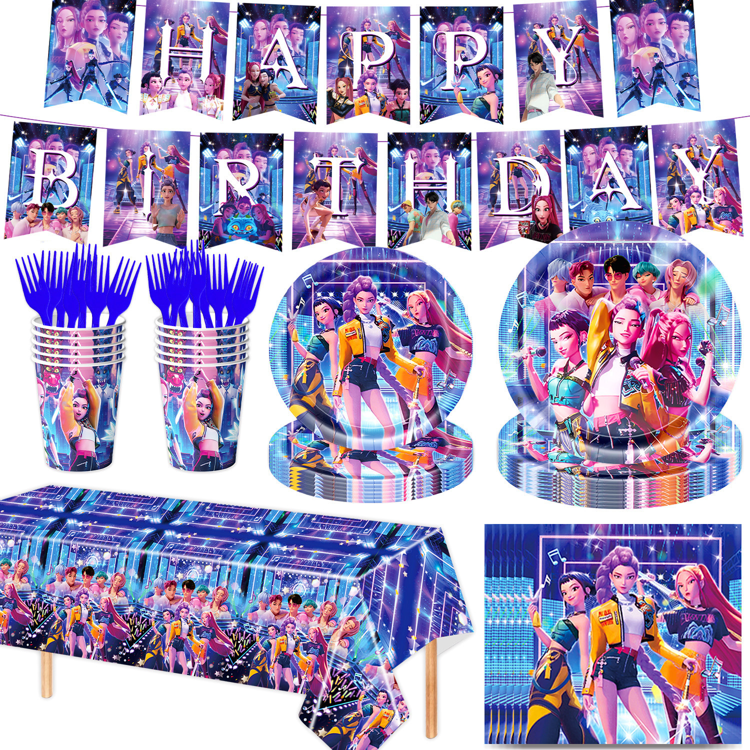 亚马逊蓝色POP猎魔女团主题生日派对用品套装纸盘纸巾桌布装饰