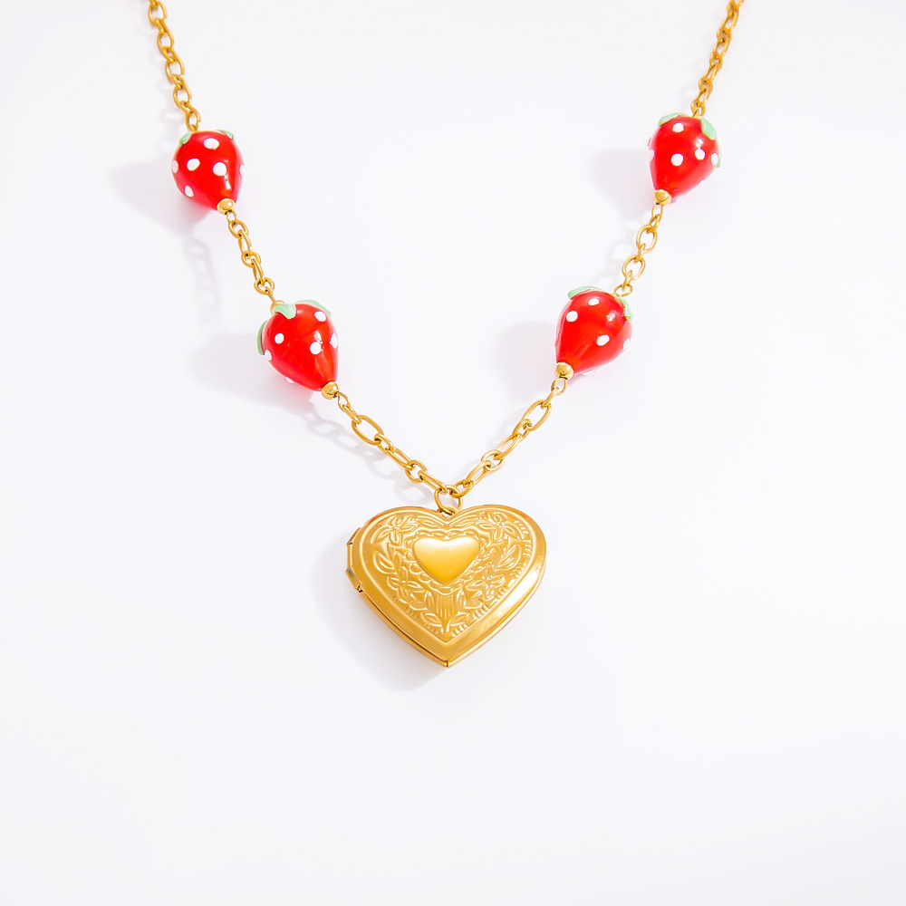 17g Weight PVD Coated Gold Plating Process 18K Gold Plated Plating Material Glass, Titanium Steel Pendant Material Pendant Necklace Classification Titanium Steel Chain Material Beaded Chain, Paperclip Chain, cable chain Chain Type 1 Piece Quantity Casual, Daily Occasion Glass, Titanium Steel Material Cherry, Heart Shape, Strawberry Pattern Women's Gender Plating Design Cute Style Gold Color Cute Cherry Heart Shape Strawberry 18K Gold Plated PVD Coated Glass Titanium Steel Beaded Chain Paperclip Chain Cable Chain Pendant Necklaces Wholesale 17