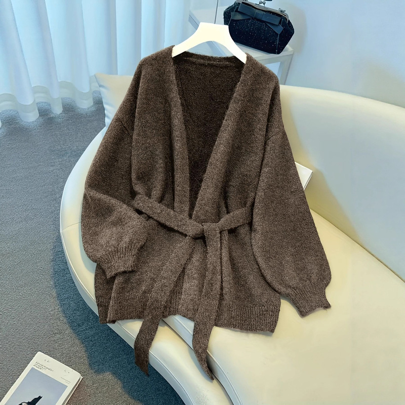 European and American Cross-Border Amazon Autumn and Winter Women's Elegant Casual Knitted Cardigan Loose Lazy Style Waist Strap