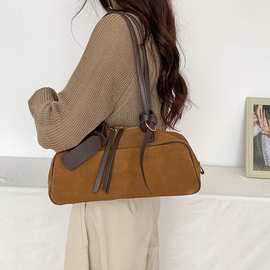 跨境包包韩国小众设计牛皮单肩包复古波士顿包秋冬磨砂通勤腋下包