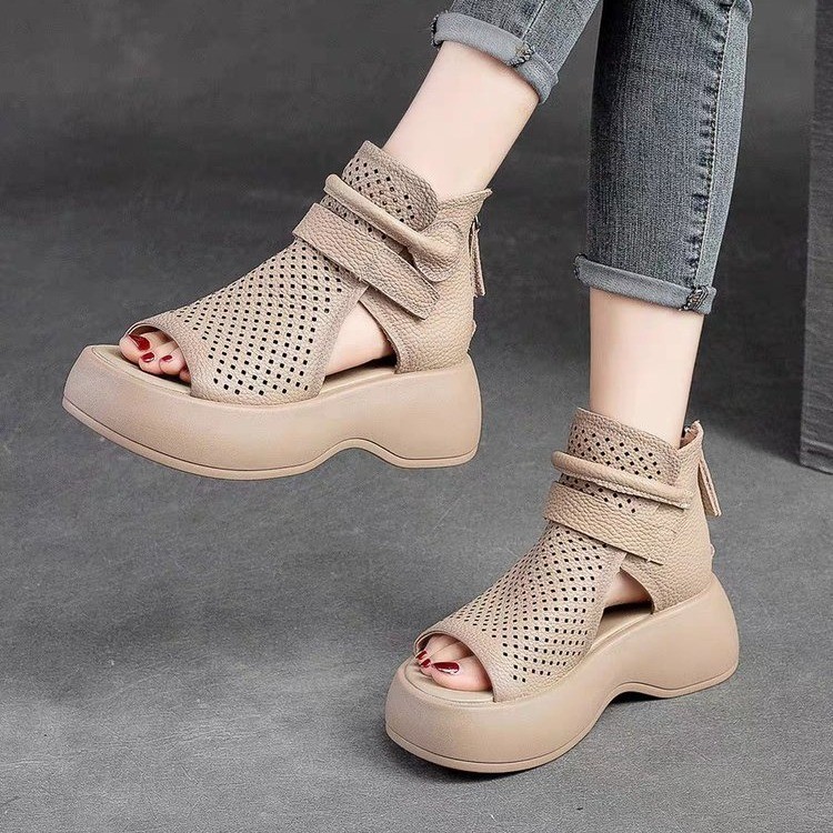 Sommer-Muffin-Sandalen mit dicken Sohlen, Oberbekleidung, Mikrofaser, Retro-Stil, hochhackige Fischmaul-Hohlstiefel, römische Damensandalen_voghion.com