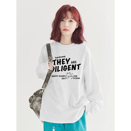 American-style anime white T-shirt for women, spring and autumn loose niche long-sleeved top, pure cotton inner layer base shirt, Instagram style
