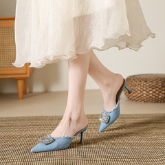 半拖鞋外穿水鑽方扣尖頭細跟涼拖鞋牛仔布高跟拖鞋女夏季包頭法式