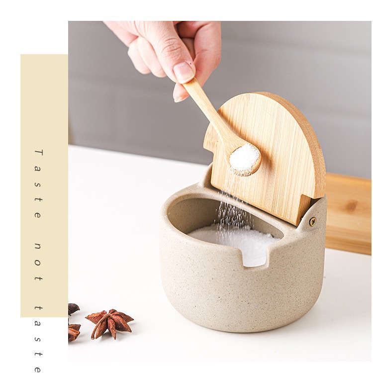 Tarro de condimento de tapa de madera de bambú de cerámica japonesa, caja de condimento, tanque de almacenamiento de condimento de cocina, juego de tarro de azúcar de sal para el hogar de restaurante