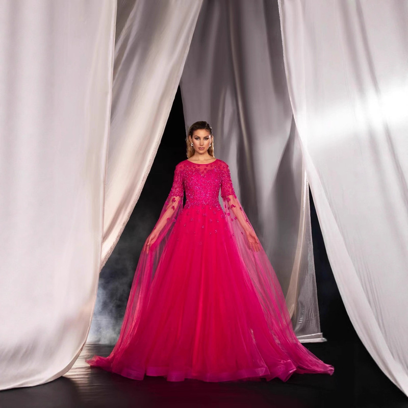 European and American Foreign Trade Cross-Border New Banquet Evening Dress Round Neck Extra Long Sleeve Sequined Long Evening Dress Annual Meeting Host European and American Foreign Trade Cross-Border New Banquet Evening Dress Round Neck Extra Long Sleeve Sequined Long Evening Dress Annual Meeting Host