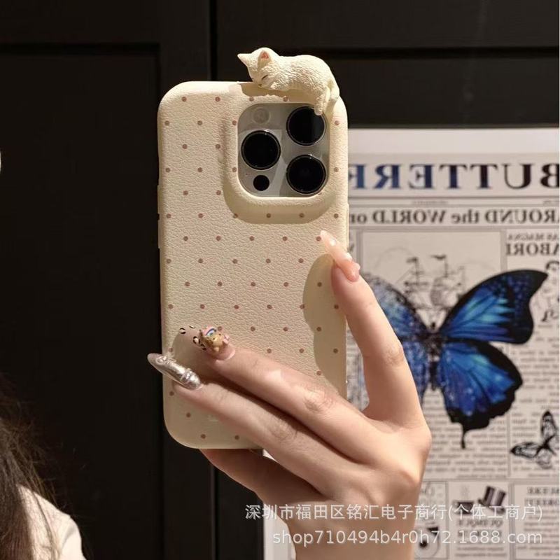 かわいい立体猫 iphone16 携帯電話ケース Apple 15promax シンプル水玉 13 ソフト 14 に適しています|undefined