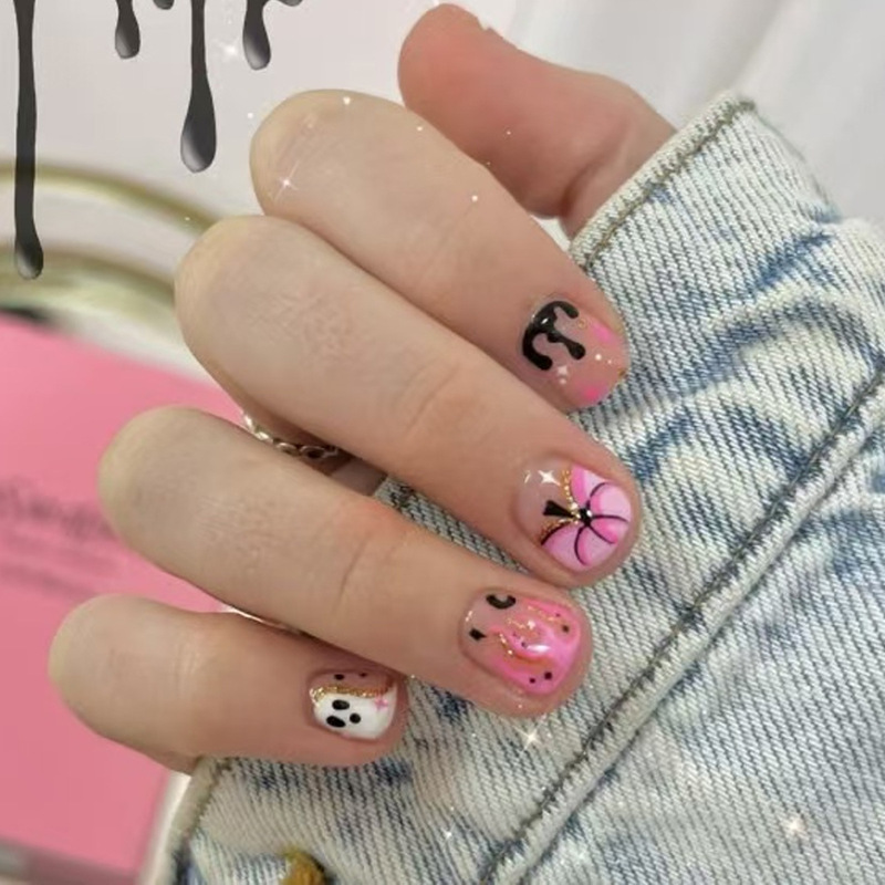 Halloween Short Square Cute Style Pumpkin Flame Blood Ghost Pattern Design Wearable Manicure Fake Nails