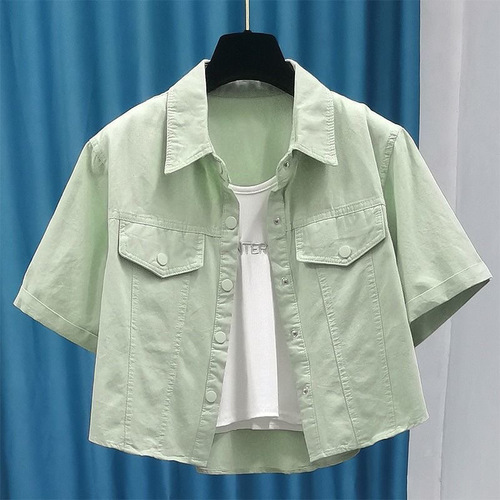 Korean-style stylish workwear fashion loose-match short-sleeve shirt jacket for women summer petite anti-aging top
