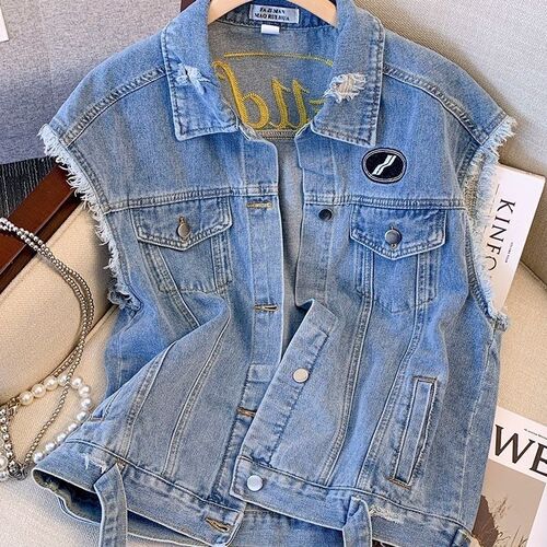 Vest with sleeveless denim coat for women's summer thin small waistcoat casual vest top for spring and autumn