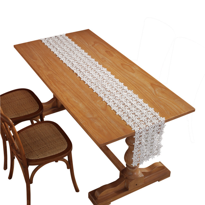 Rustic Romantic White Hollow Floral Polka Dot Milk Silk Water-Soluble Lace Table Runner Wedding Decoration Wholesale_voghion.com