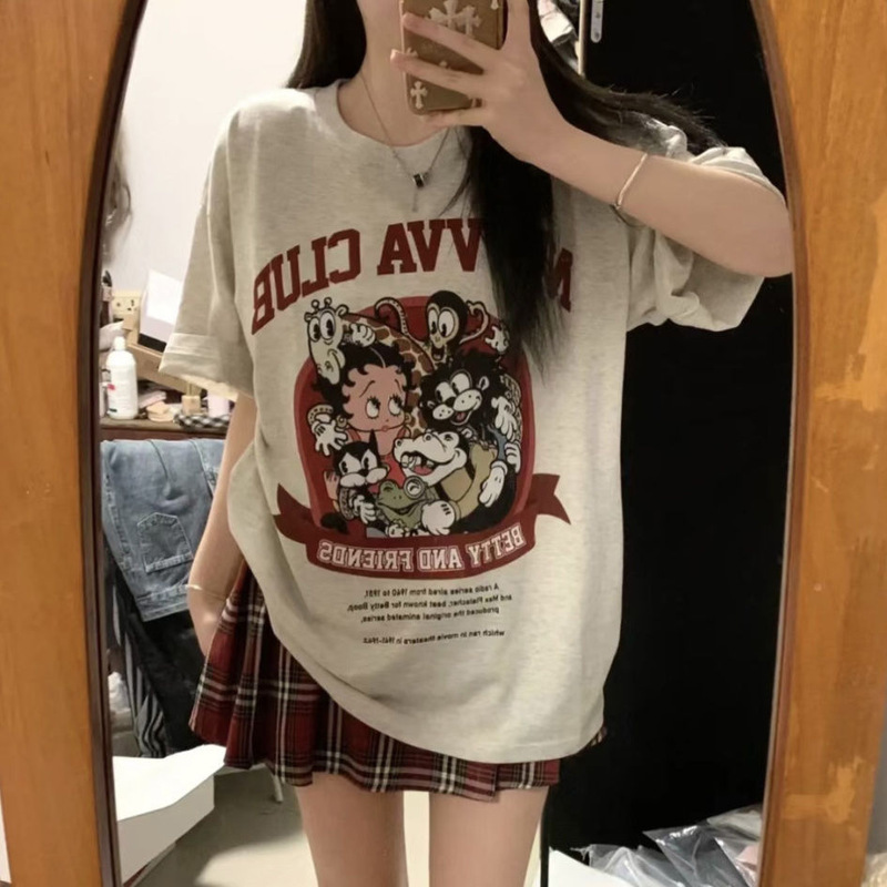 100% Pure Cotton Short-Sleeve T-Shirt for Women, Ins Cartoon American Style Versatile Half-Sleeve 2026 Summer New Loose Chic Top