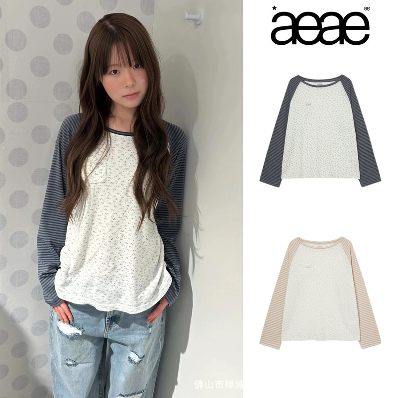 [In Stock] Korean aeae floral print pocket striped raglan long-sleeve T-shirt, women's autumn/winter new style base layer top