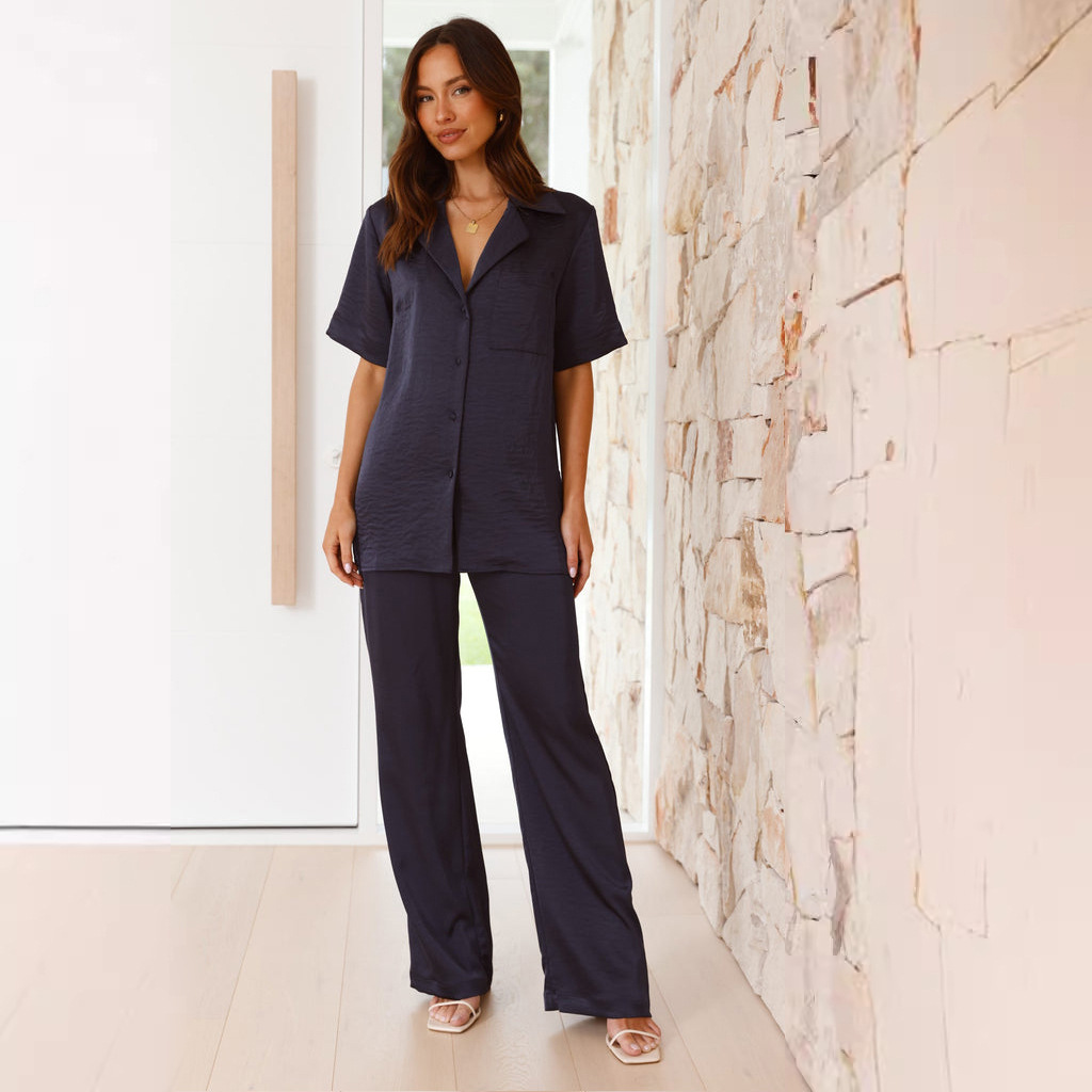 Transfronterizos de ropa de mujer Amazon nueva ropa casera de solapa de color sólido confortable pijamas casuales de mangas cortas pantalones largos set de mujer