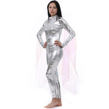 万圣节服装舞台表演服漆皮连体衣银色太空外星人服装 粉色披肩