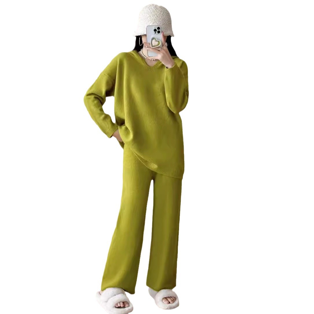 Pantaloni larghi a gamba larga in maglia alla moda casual coreana per le donne autunno e inverno nuovo articolo maglione con cappuccio di colore solido_voghion.com