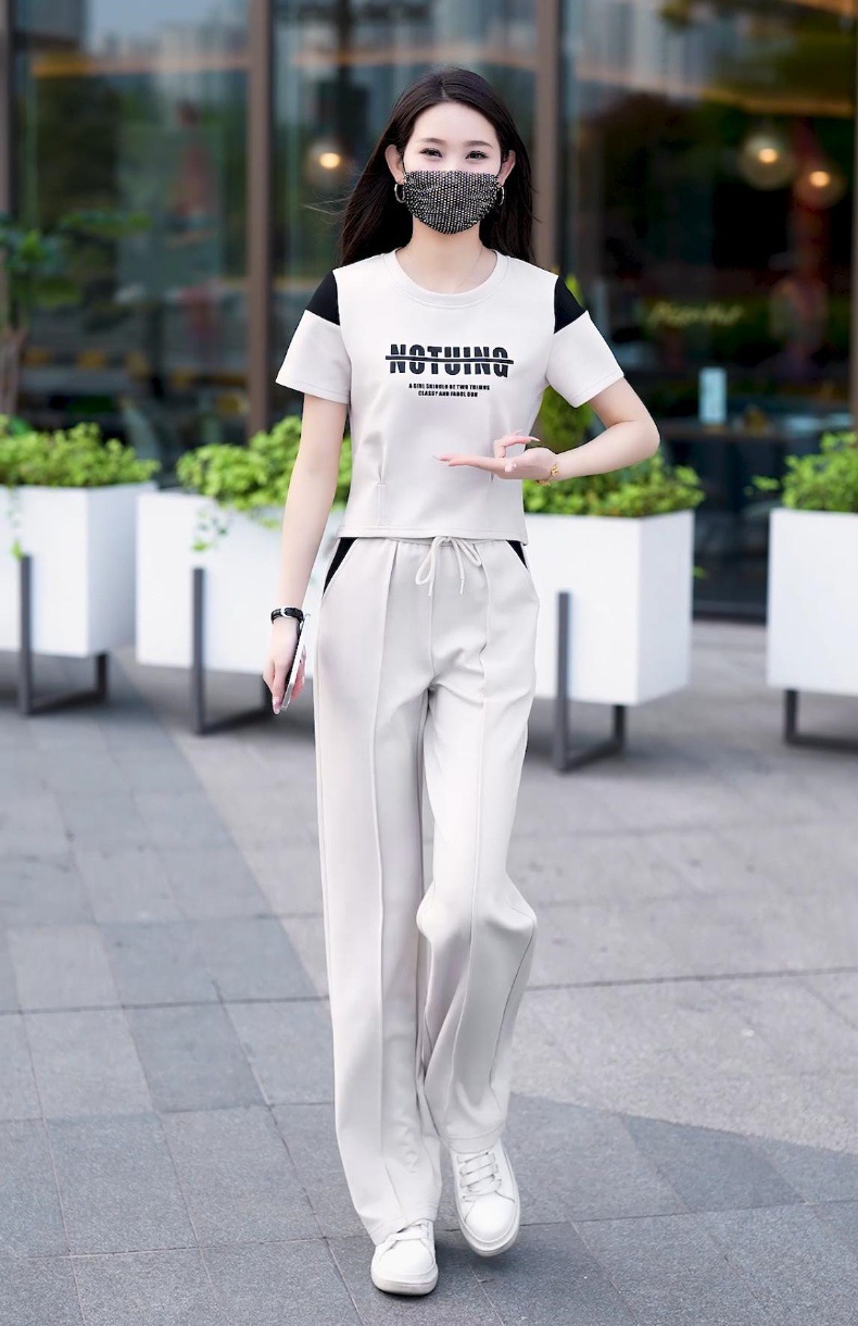 Women's Contrast Color Casual Sports Suit Short Sleeved Top And Wide Leg Pants Two Piece Set Stylish Slimming Trendy 2026_ecoleips.com