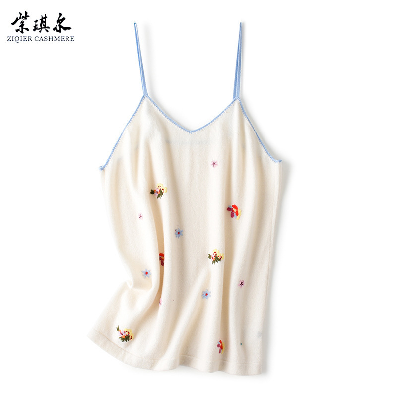 100% Pure Cashmere Embroidered Camisole Women's Vest, Casual Style Knit Pullover, Same Style as in Hubei, Round Neck for Commuting
