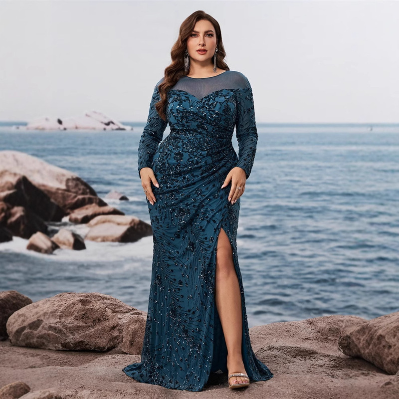 European and American Cross-Border Gorgeous and Noble Round Neck Large Size Mesh Sequin Splicing Long-Sleeved Cocktail Party Formal Dinner Dress