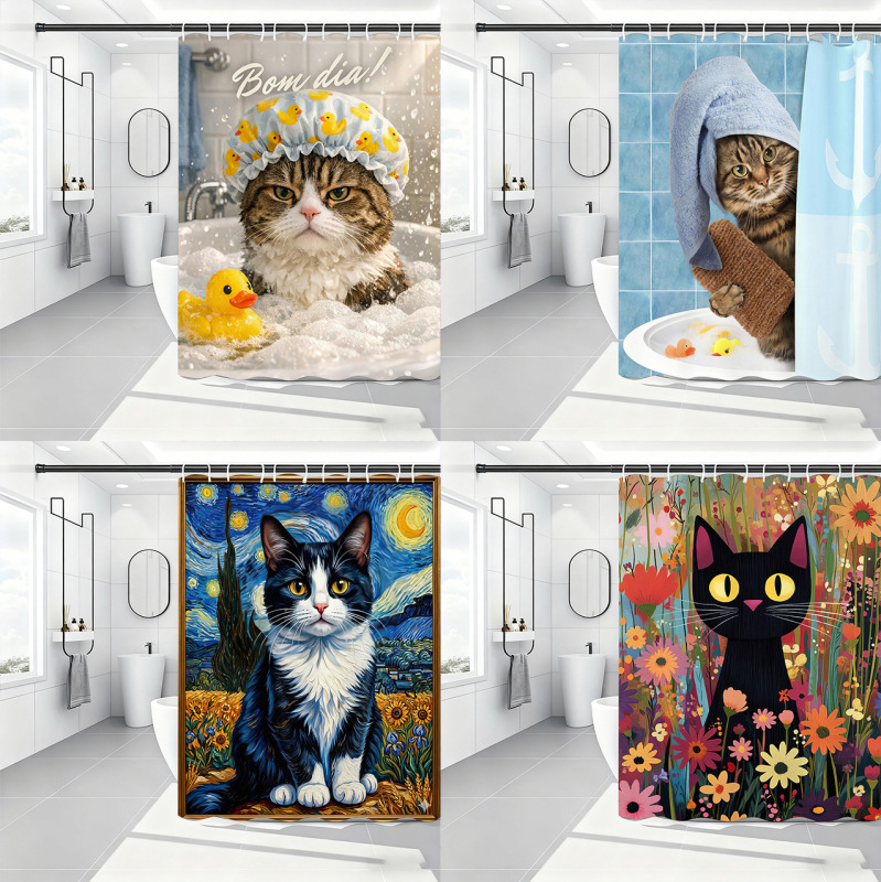 Cross-Border Amazon Temu Hot-Selling Cartoon Cat Shower Curtain Digital Heat Transfer Waterproof and Mildew-Proof Pongee Small Curtain Cross-Border Amazon Temu Hot-Selling Cartoon Cat Shower Curtain Digital Heat Transfer Waterproof and Mildew-Proof Pongee Small Curtain