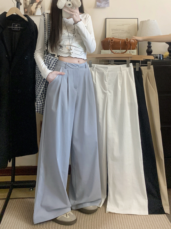 黑色休闲裤女2025垂感高腰早秋季显瘦宽松阔腿裤复古卡其色长裤子|undefined