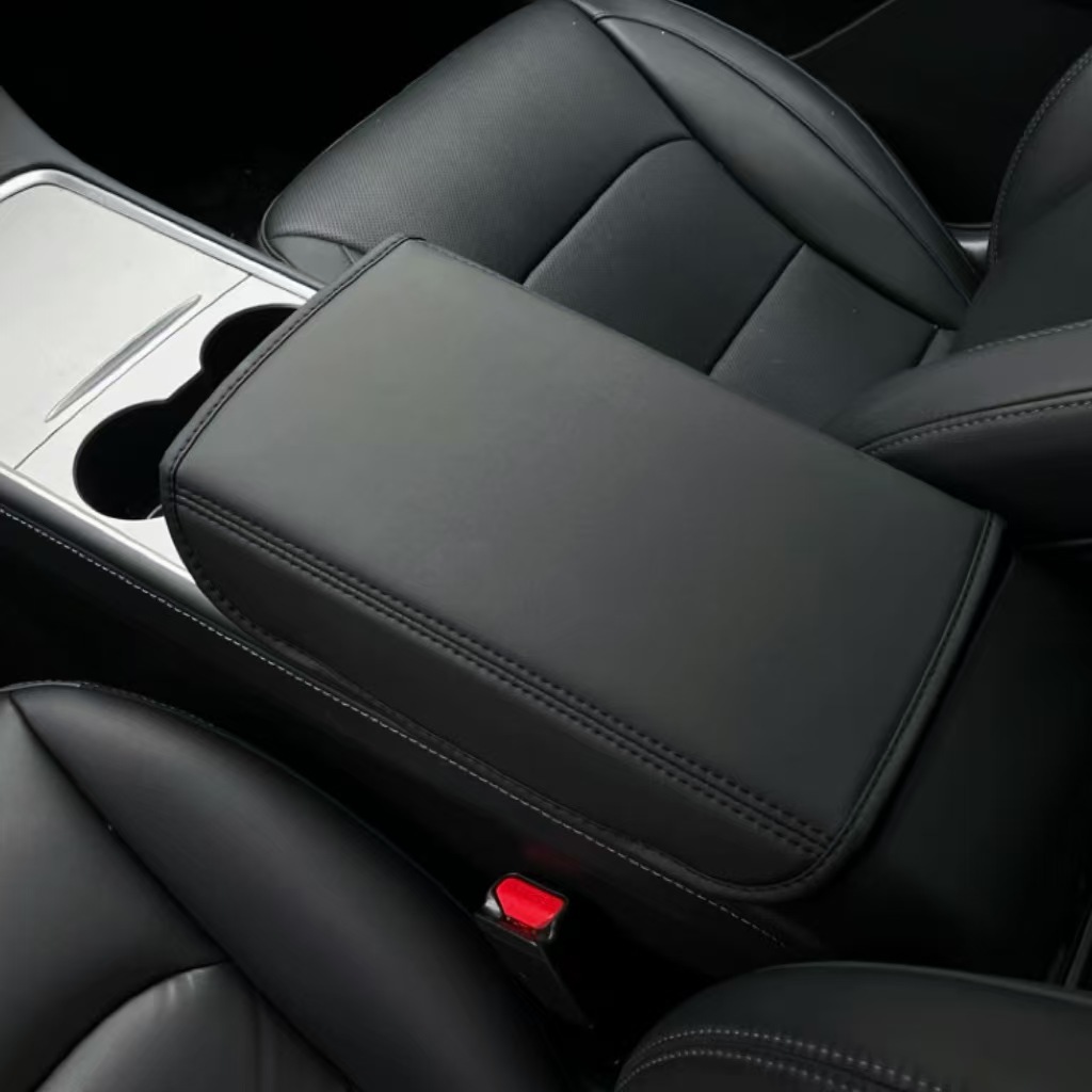 Tesla For Tesla Model Y/3 Center Console Storage Box Protective Cover Interior (Sürətlər qutusu və əl tormozu başlıqları) - black-leather-black-thread