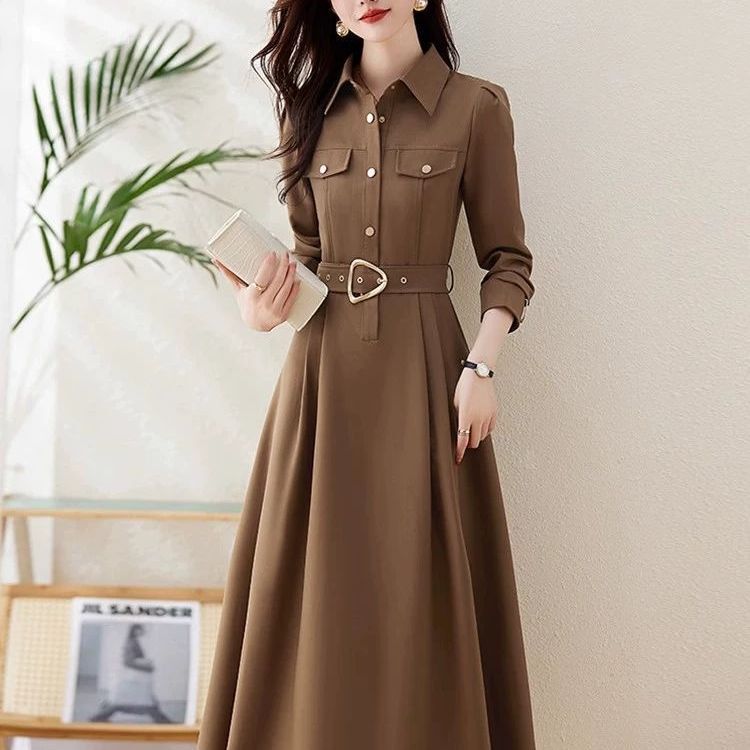 9311 Spring and Autumn Long Sleeve Shirt Dress Women's 2025 New Waist Slimming Temperament Lapel Over-The-Knee Long Skirt