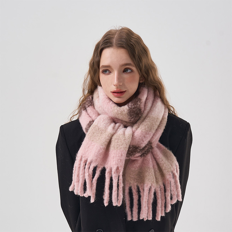 Korean version minimalist contrasting striped wool blend scarf for winter soft and sticky warmth, student cold_voghion.com