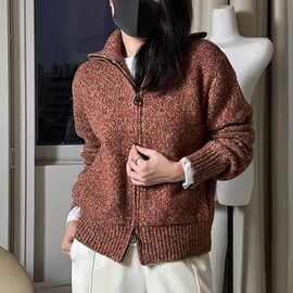 秋冬新款针织衫女装翻领羊绒外套休闲慵懒风百搭双头拉链毛衣内搭