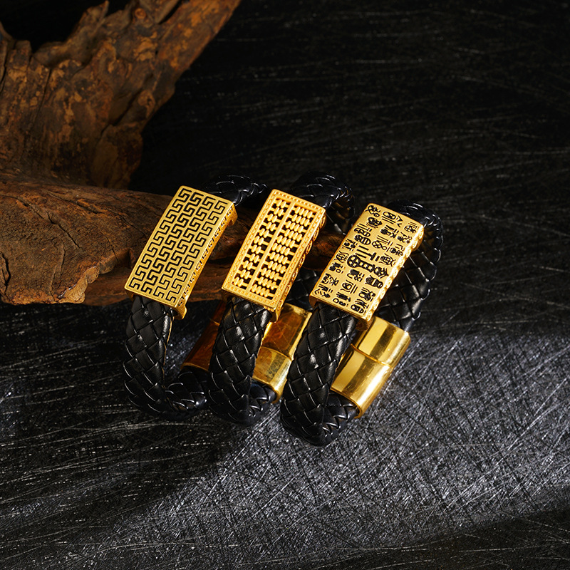 Antigua arena oro personalizada cuero cuerda pulsera goteo aceite Abacus Wanfu hombres dominante pulsera fábrica al por mayor suministro